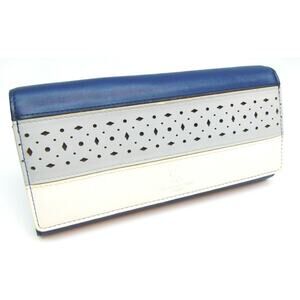 Hiroko Koshino Femme Wallet Blue White Tan Hk Logo Snap Flap Zip Closure